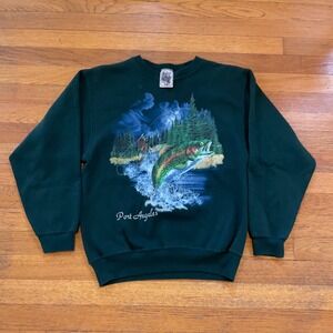 VTG 90s Port Angeles Fishing Trout Graphic Sweatshirt Medium Green Made in USA